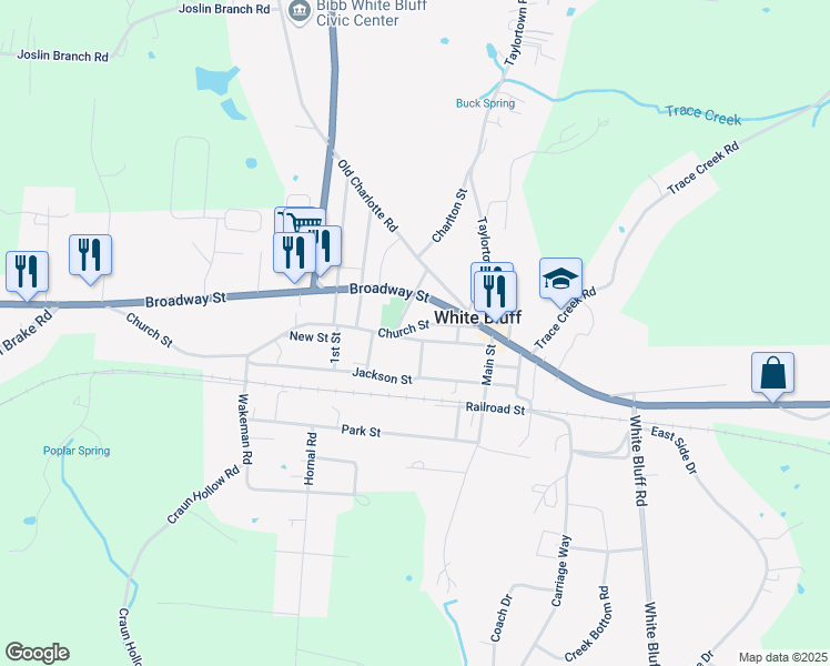 map of restaurants, bars, coffee shops, grocery stores, and more near 125 Church Street in White Bluff