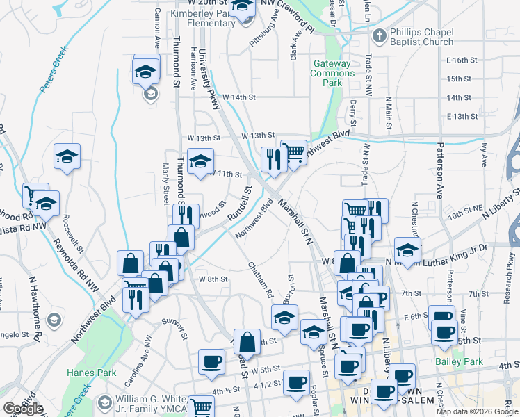 map of restaurants, bars, coffee shops, grocery stores, and more near 643 West Northwest Boulevard in Winston-Salem