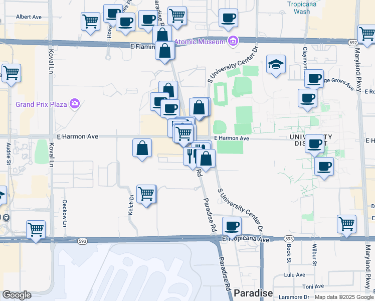 map of restaurants, bars, coffee shops, grocery stores, and more near 4555 Paradise Road in Las Vegas