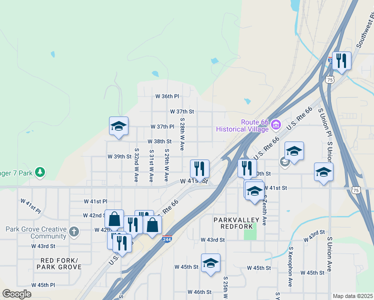 map of restaurants, bars, coffee shops, grocery stores, and more near 3903 South 28th West Avenue in Tulsa