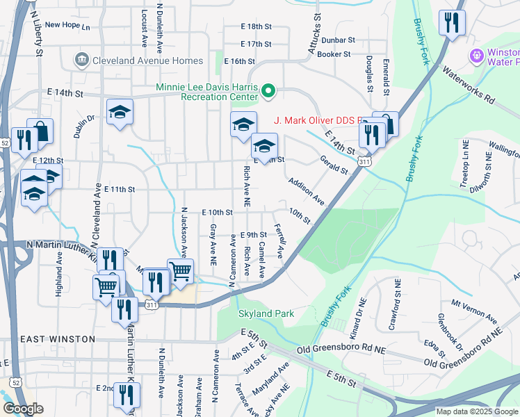 map of restaurants, bars, coffee shops, grocery stores, and more near 1000 Camel Heights Drive in Winston-Salem