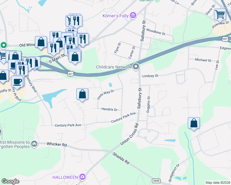 map of restaurants, bars, coffee shops, grocery stores, and more near 108 Hendrix Drive in Kernersville