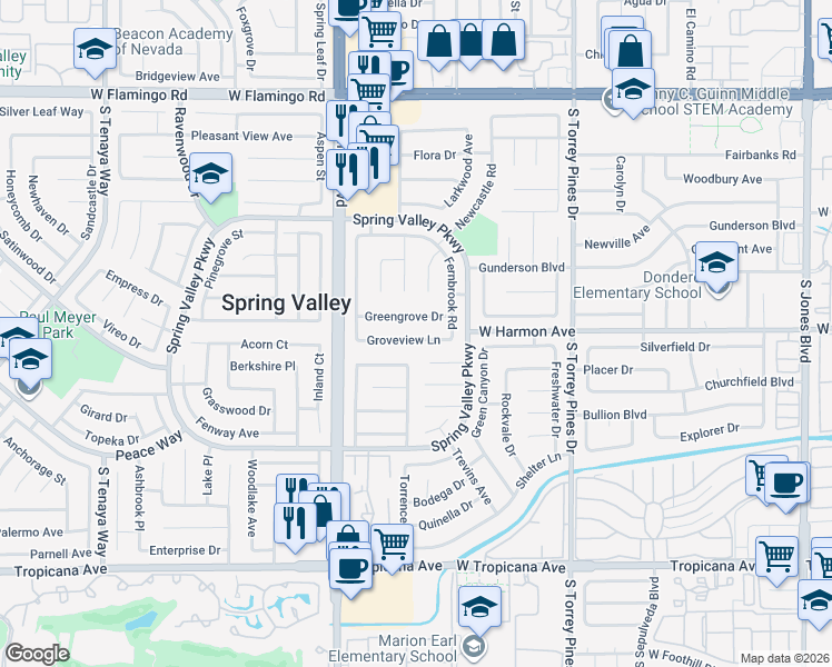 map of restaurants, bars, coffee shops, grocery stores, and more near 6785 Groveview Lane in Las Vegas