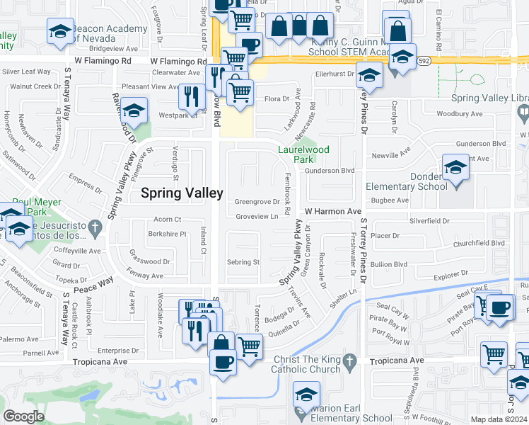 map of restaurants, bars, coffee shops, grocery stores, and more near 6764 Groveview Lane in Las Vegas
