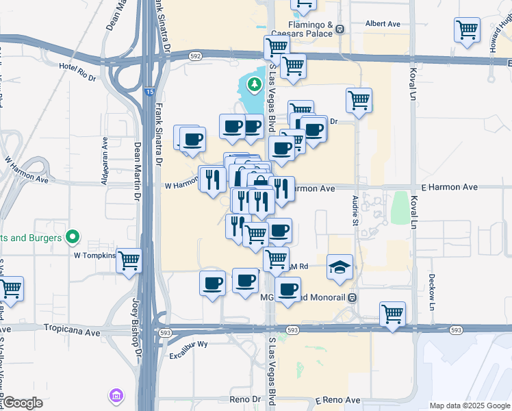 map of restaurants, bars, coffee shops, grocery stores, and more near 3722 Las Vegas Boulevard South in Las Vegas