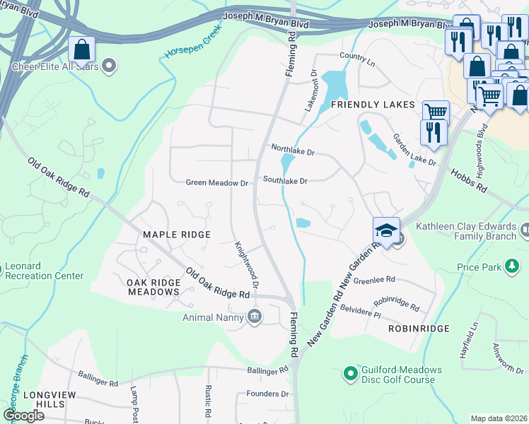 map of restaurants, bars, coffee shops, grocery stores, and more near 1402 Fleming Road in Greensboro