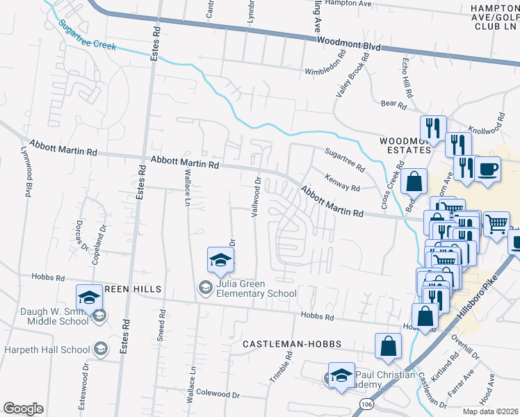map of restaurants, bars, coffee shops, grocery stores, and more near 4002 Vailwood Drive in Nashville