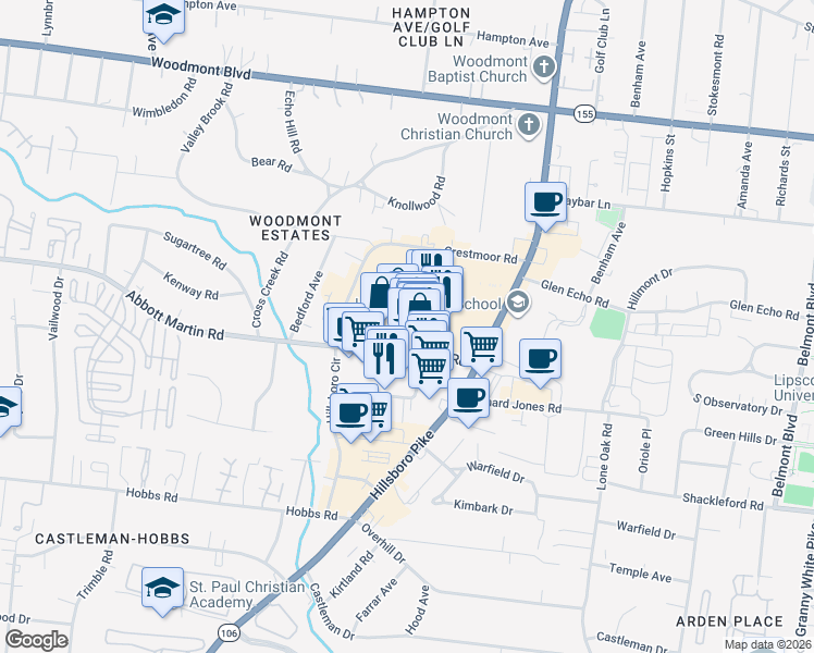 map of restaurants, bars, coffee shops, grocery stores, and more near 2126 Abbott Martin Road in Nashville