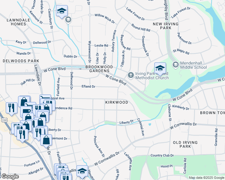 map of restaurants, bars, coffee shops, grocery stores, and more near 2605 Lafayette Avenue in Greensboro