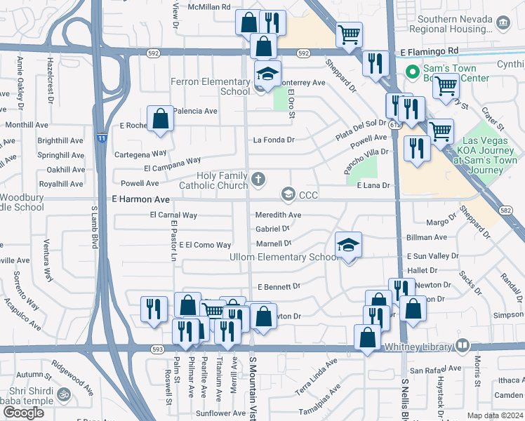 map of restaurants, bars, coffee shops, grocery stores, and more near 4646 Meredith Avenue in Las Vegas