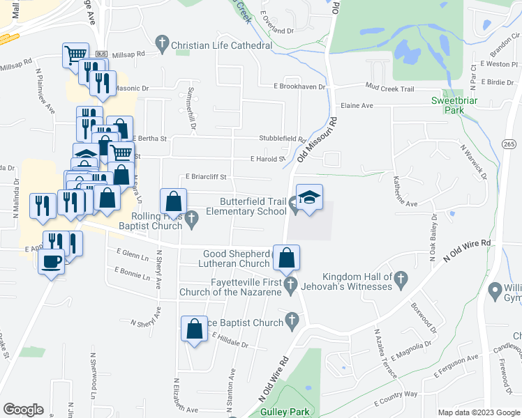 map of restaurants, bars, coffee shops, grocery stores, and more near 1800 East Eton Street in Fayetteville