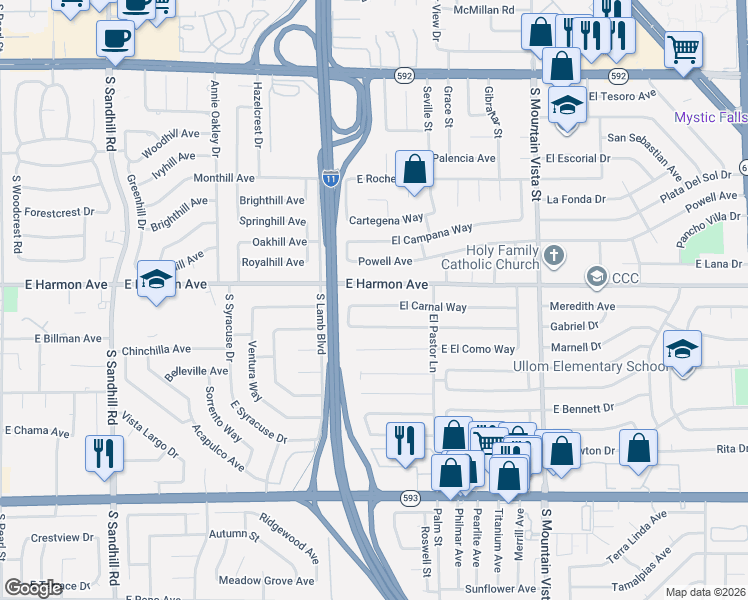map of restaurants, bars, coffee shops, grocery stores, and more near 4307 El Carnal Way in Las Vegas