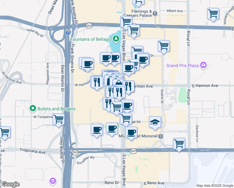 map of restaurants, bars, coffee shops, grocery stores, and more near 3726 South Las Vegas Boulevard in Las Vegas