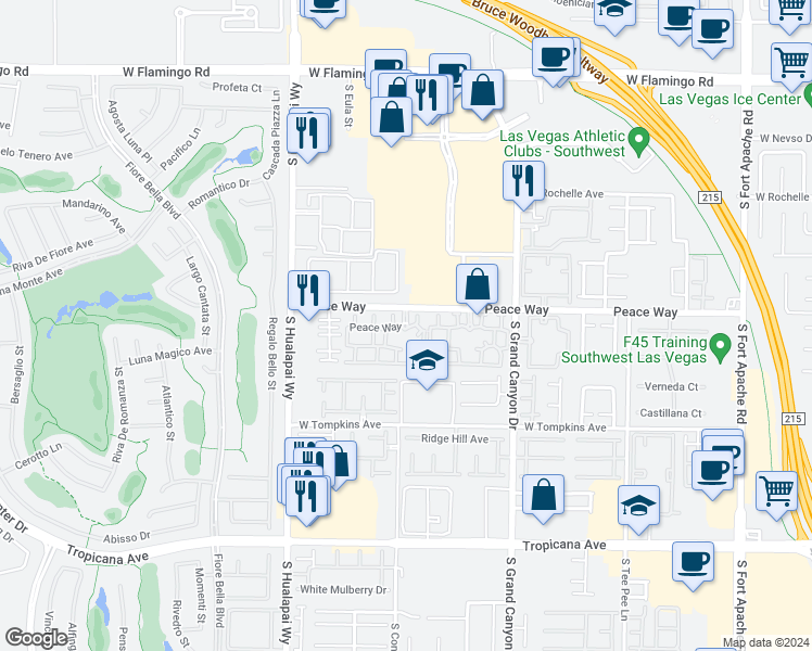map of restaurants, bars, coffee shops, grocery stores, and more near 10001 Peace Way in Las Vegas