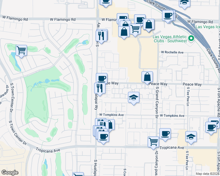 map of restaurants, bars, coffee shops, grocery stores, and more near 10001 Peace Way in Las Vegas
