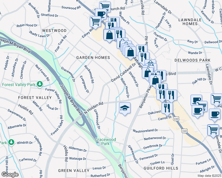 map of restaurants, bars, coffee shops, grocery stores, and more near 2612 Hill-N-Dale Drive in Greensboro