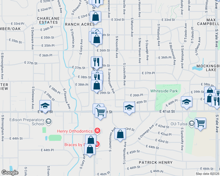 map of restaurants, bars, coffee shops, grocery stores, and more near 3404 East 39th Street in Tulsa
