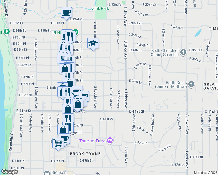 map of restaurants, bars, coffee shops, grocery stores, and more near 3841 South Saint Louis Avenue in Tulsa