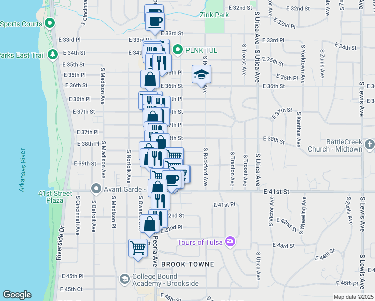 map of restaurants, bars, coffee shops, grocery stores, and more near 1408 East 38th Street in Tulsa