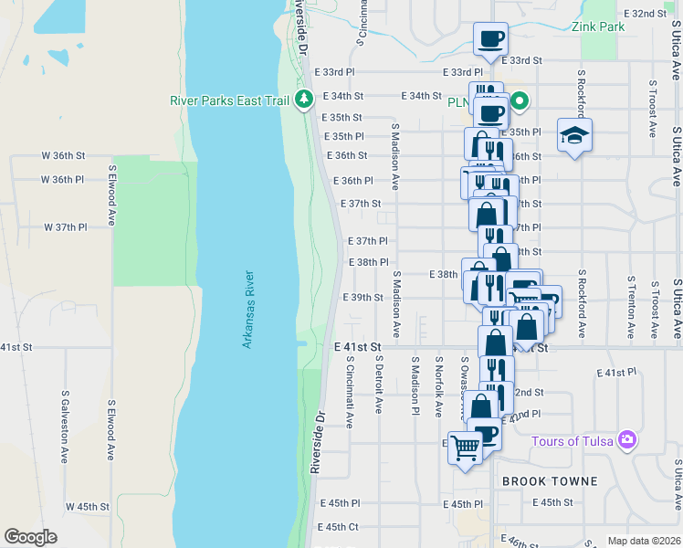 map of restaurants, bars, coffee shops, grocery stores, and more near 3855 Riverside Drive in Tulsa
