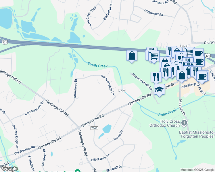 map of restaurants, bars, coffee shops, grocery stores, and more near 229 Harmon Ridge Lane in Kernersville