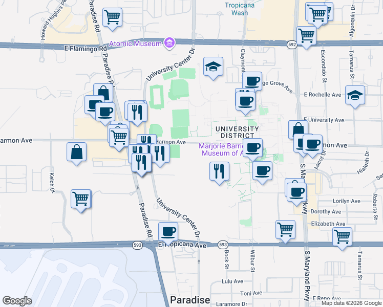 map of restaurants, bars, coffee shops, grocery stores, and more near 787 East Harmon Avenue in Las Vegas