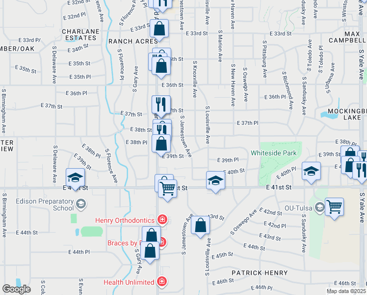 map of restaurants, bars, coffee shops, grocery stores, and more near 3820 South Jamestown Avenue in Tulsa
