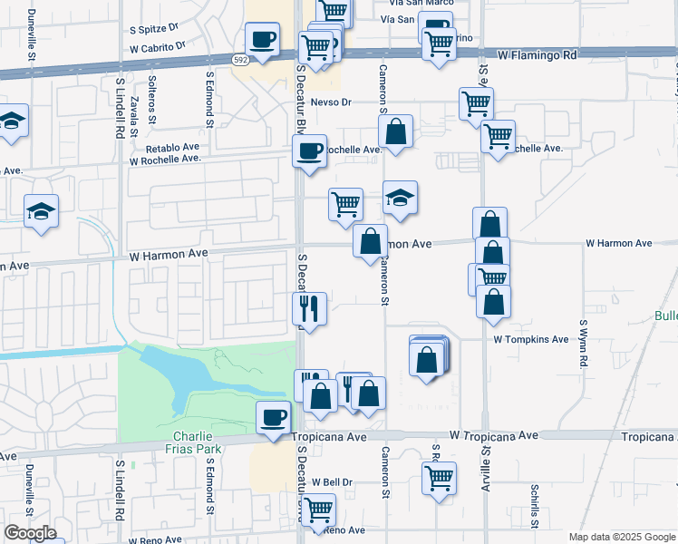 map of restaurants, bars, coffee shops, grocery stores, and more near 4855 West Harmon Avenue in Las Vegas