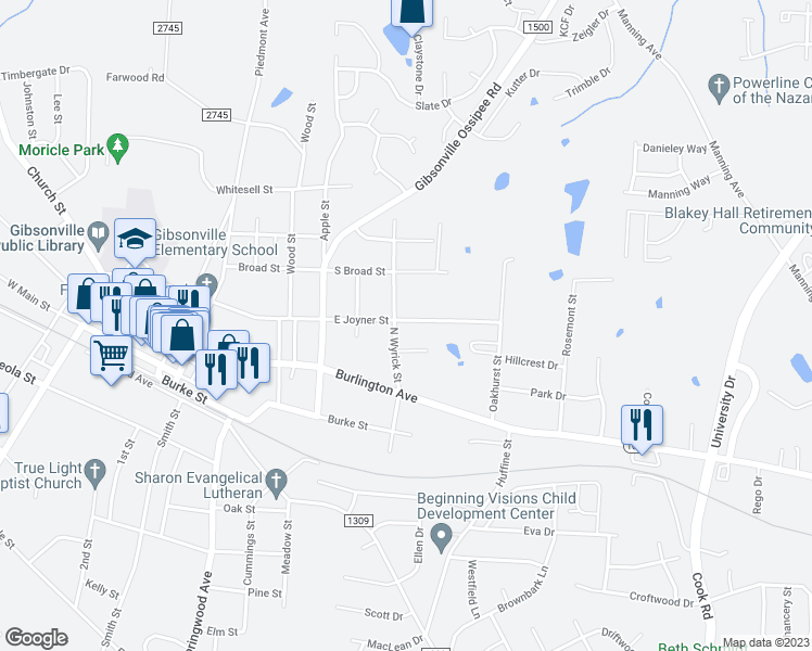 map of restaurants, bars, coffee shops, grocery stores, and more near 1202 East Joyner Street in Gibsonville