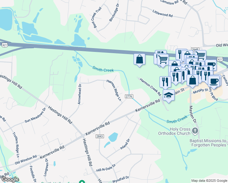 map of restaurants, bars, coffee shops, grocery stores, and more near 229 Harmon Ridge Lane in Kernersville