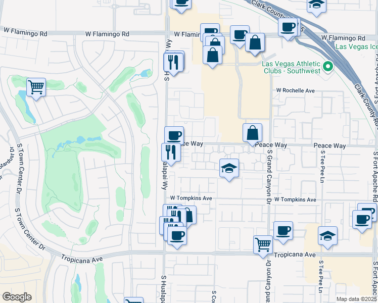 map of restaurants, bars, coffee shops, grocery stores, and more near 10001 Peace Way in Las Vegas