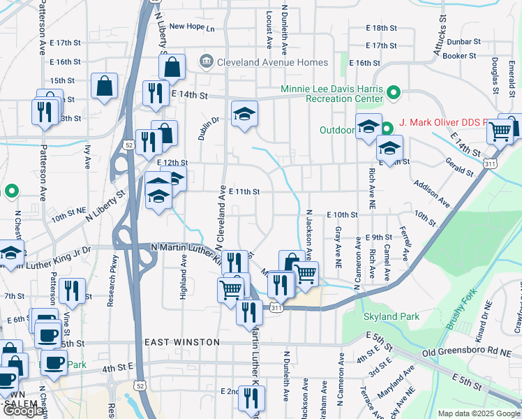 map of restaurants, bars, coffee shops, grocery stores, and more near 1250 East 10th Street in Winston-Salem