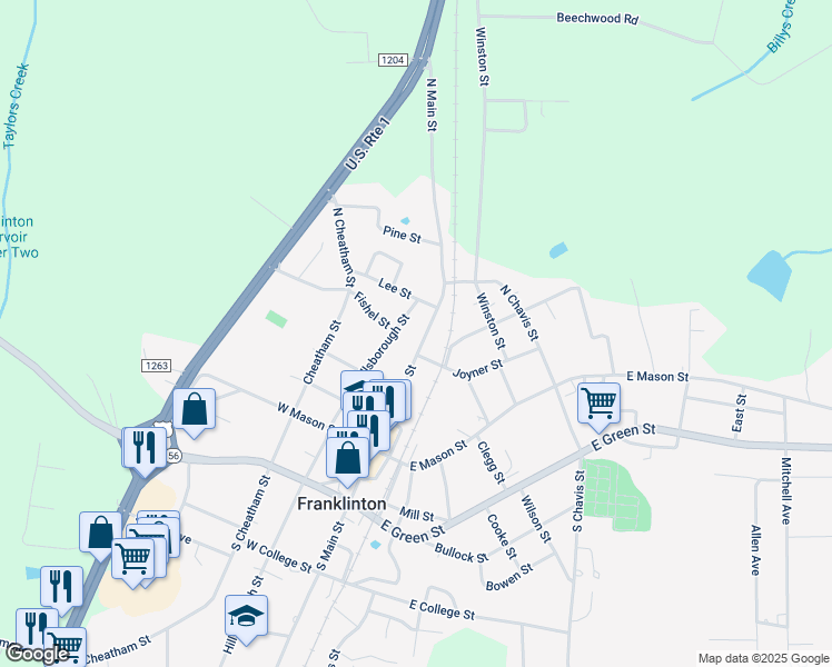 map of restaurants, bars, coffee shops, grocery stores, and more near 207 North Main Street in Franklinton