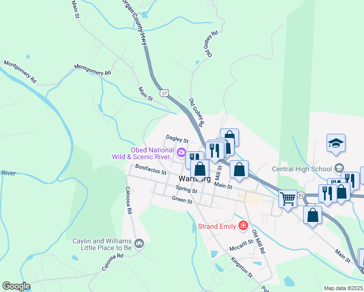 map of restaurants, bars, coffee shops, grocery stores, and more near 202 Maiden Street in Wartburg