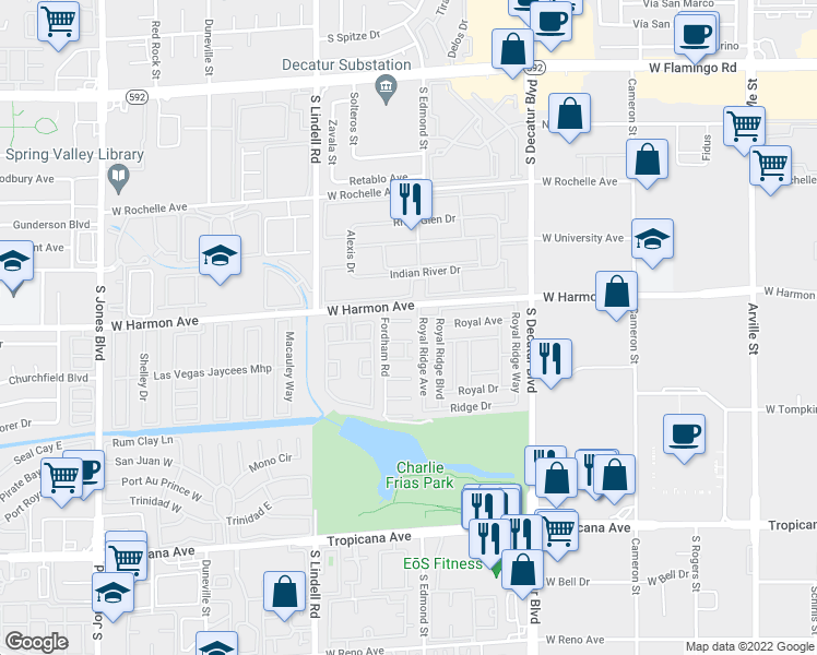 map of restaurants, bars, coffee shops, grocery stores, and more near 5241 Janfred Court in Las Vegas