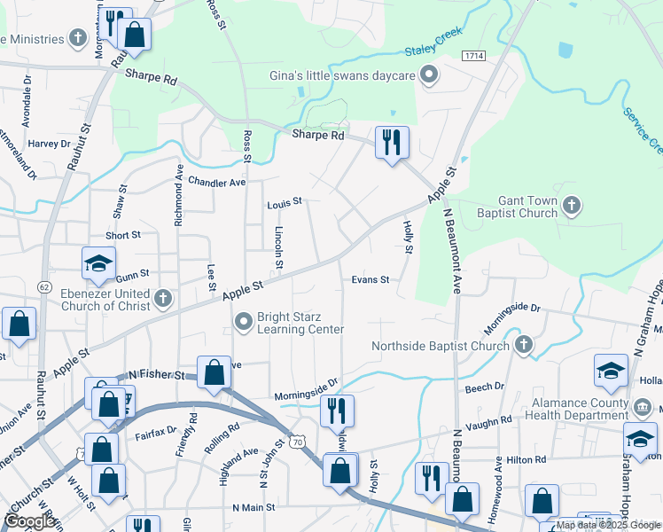 map of restaurants, bars, coffee shops, grocery stores, and more near 1139 Apple Street in Burlington