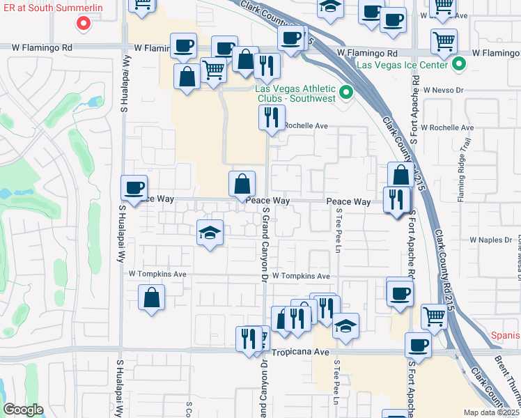 map of restaurants, bars, coffee shops, grocery stores, and more near 9975 Peace Way in Las Vegas