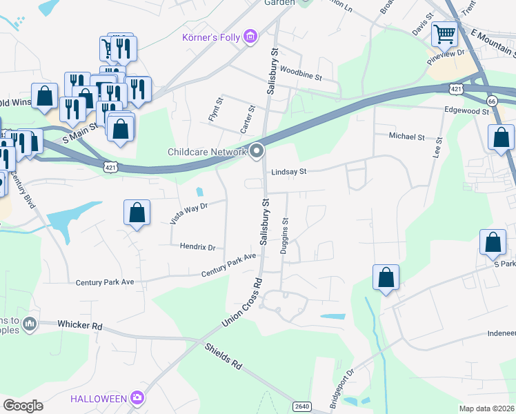 map of restaurants, bars, coffee shops, grocery stores, and more near 1016 Salisbury Street in Kernersville