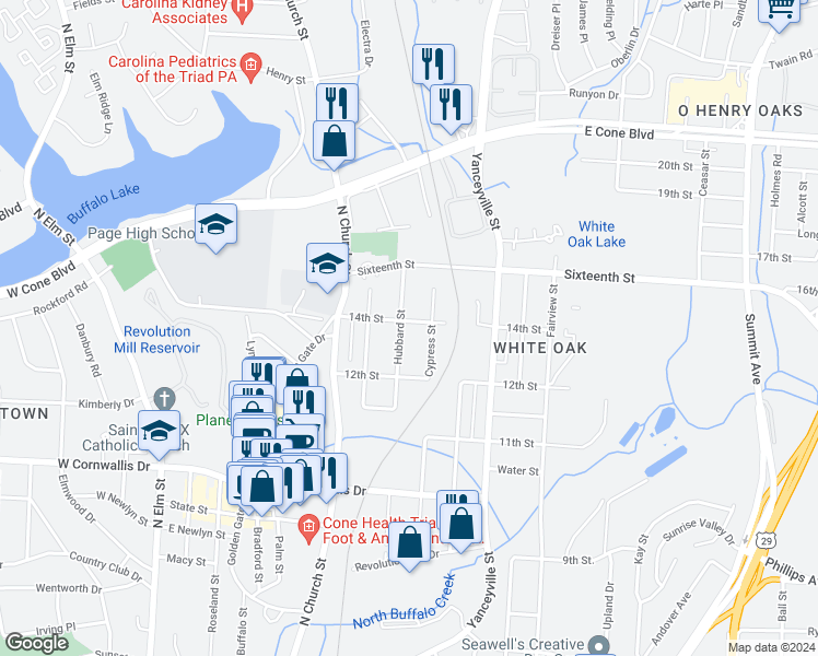 map of restaurants, bars, coffee shops, grocery stores, and more near 2411 Cypress Street in Greensboro