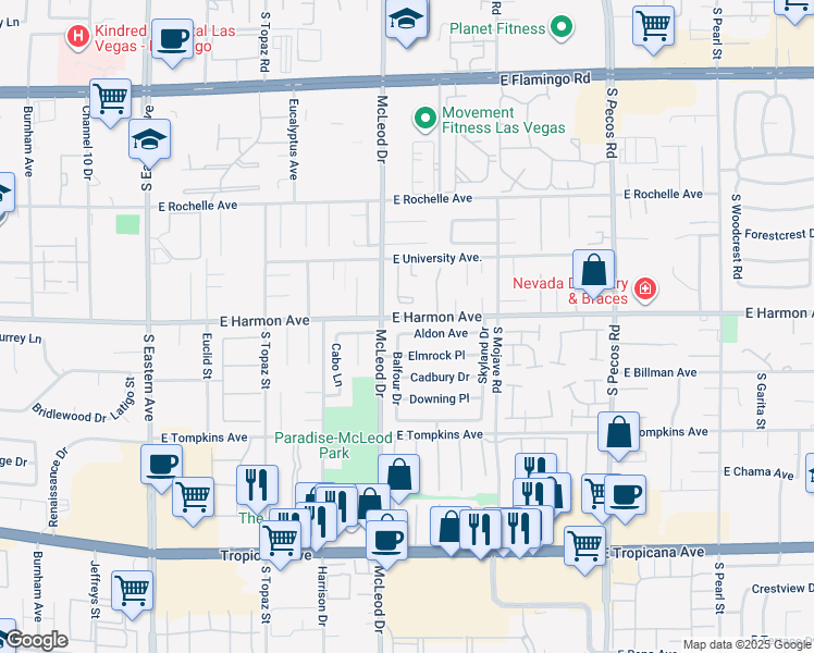 map of restaurants, bars, coffee shops, grocery stores, and more near 3038 Aldon Avenue in Las Vegas