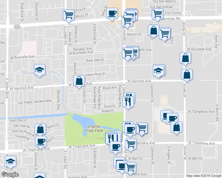 map of restaurants, bars, coffee shops, grocery stores, and more near 5035 Royal Avenue in Las Vegas