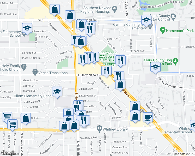 map of restaurants, bars, coffee shops, grocery stores, and more near 4569 Sacks Drive in Las Vegas
