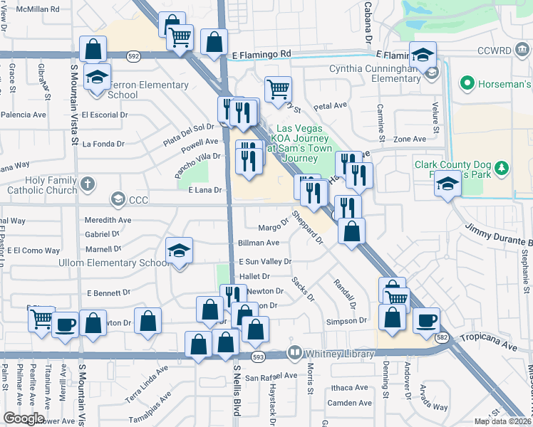 map of restaurants, bars, coffee shops, grocery stores, and more near 5108 Margo Drive in Las Vegas