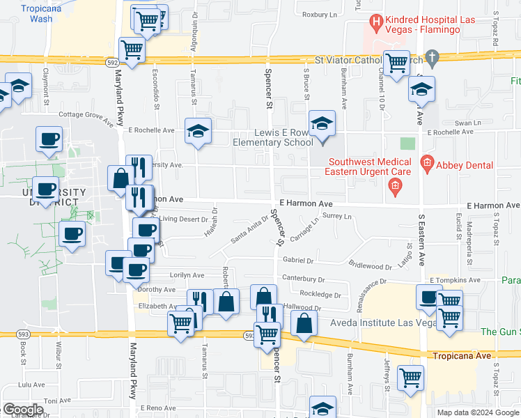 map of restaurants, bars, coffee shops, grocery stores, and more near 1736 Santa Anita Drive in Las Vegas