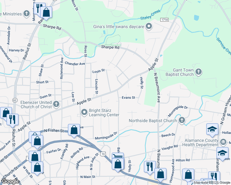 map of restaurants, bars, coffee shops, grocery stores, and more near 1139 Apple Street in Burlington