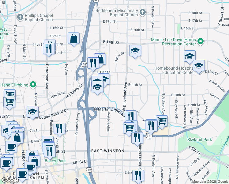 map of restaurants, bars, coffee shops, grocery stores, and more near 930 North Cleveland Avenue in Winston-Salem
