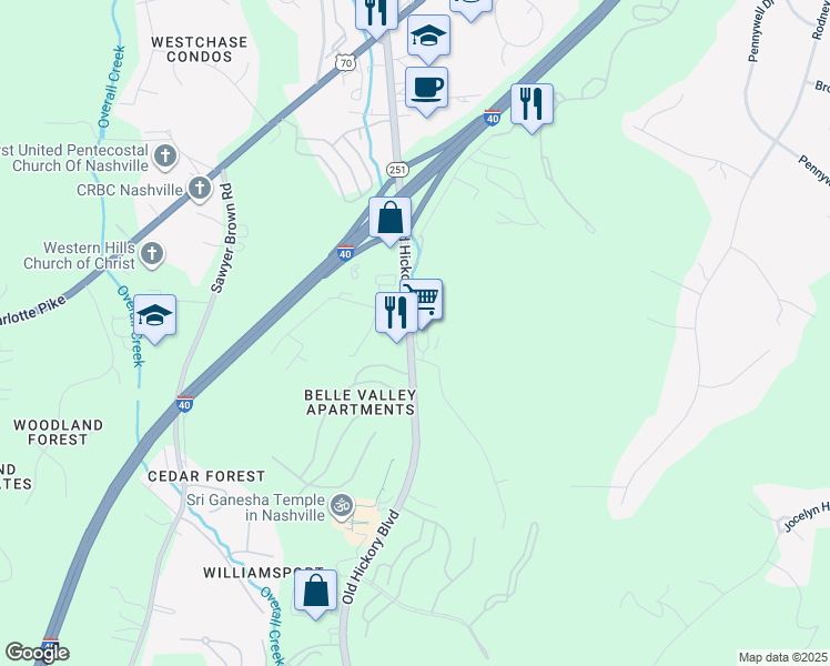 map of restaurants, bars, coffee shops, grocery stores, and more near 600 Old Hickory Boulevard in Nashville
