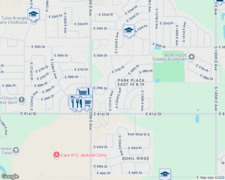 map of restaurants, bars, coffee shops, grocery stores, and more near 3916 South 131st East Avenue in Tulsa