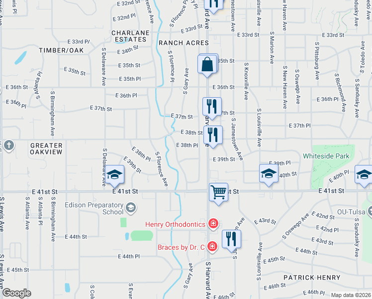 map of restaurants, bars, coffee shops, grocery stores, and more near 3166 East 39th Street in Tulsa