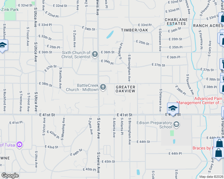 map of restaurants, bars, coffee shops, grocery stores, and more near 3905 South Lewis Place in Tulsa